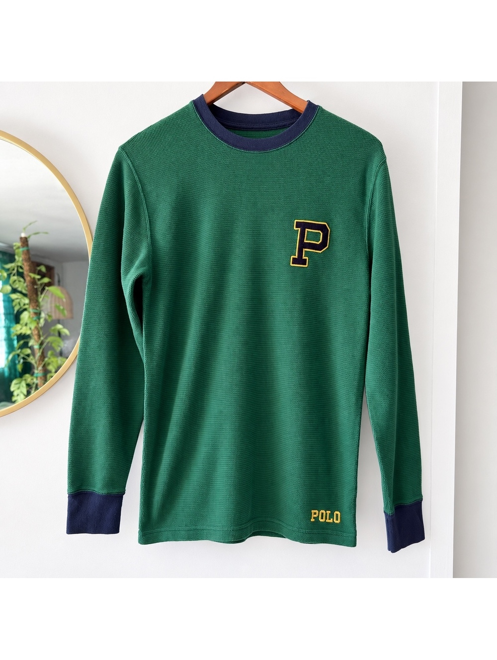 Polo Ralph Lauren Green Long Sleeve Thermal Shirt with Navy Trim Small Sleepwear